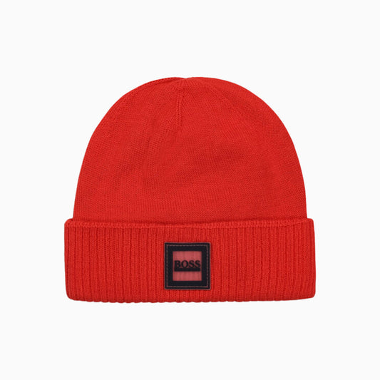 Hugo Boss Kid's Logo Badge Beanie - Color: Red - Kids Premium Clothing -