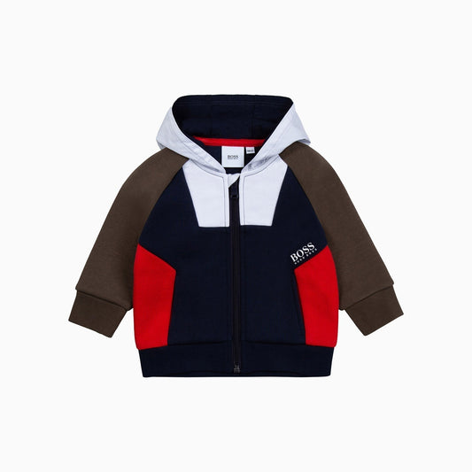 Hugo Boss Kid's Zip Hooded Sweat Cardigan Outfit - Color: Navy Blue - Kids Premium Clothing -