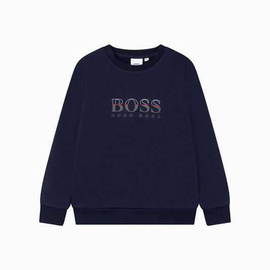 Hugo Boss Kid's Technical Logo Sweatshirt - Color: Navy Blue - Kids Premium Clothing -