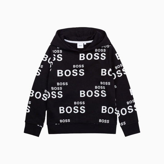 Hugo Boss Kid's Allover Logo Hoodie - Color: Black - Kids Premium Clothing -