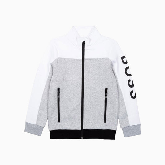 Hugo Boss Kid's Track Cardigan Logo On Sleeve - Color: Chine Grey - Kids Premium Clothing -