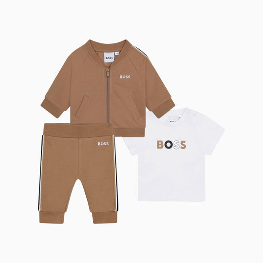 Hugo Boss Kid's 3 Pc Logo Print Tracksuit Set Infants - Color: Stone - Kids Premium Clothing -