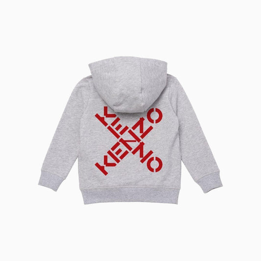 Kenzo Kid's Cross Logo Full Zip Hoodie - Color: Grey Marl - Kids Premium Clothing -