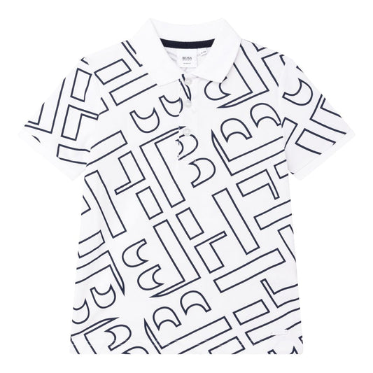 Hugo Boss Kid's HB Print All Over Polo Shirt - Color: White - Kids Premium Clothing -