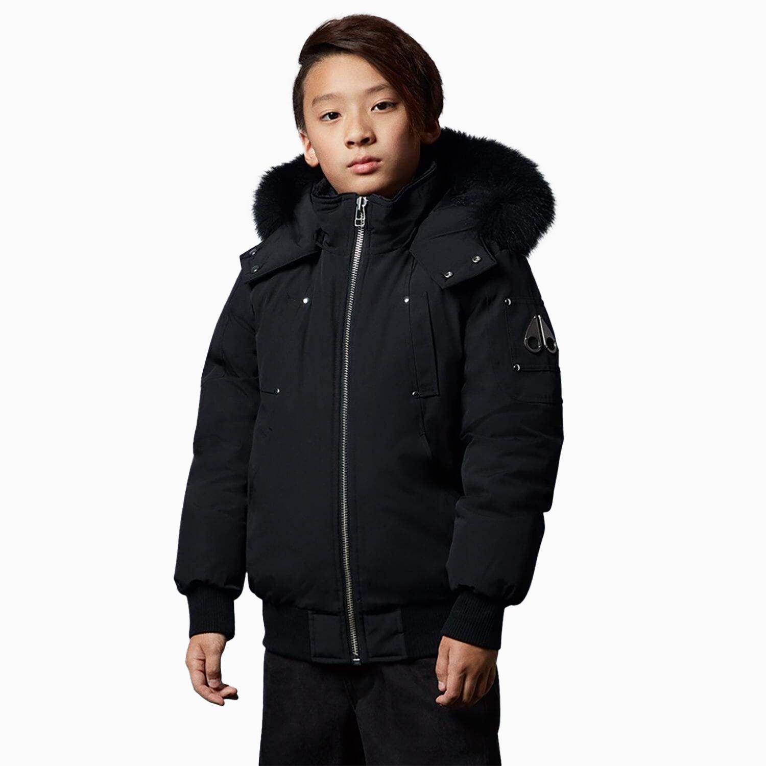 Moose Knuckles Kid's Bomber Jacket With Fur Hood - Color: Black - Kids Premium Clothing -