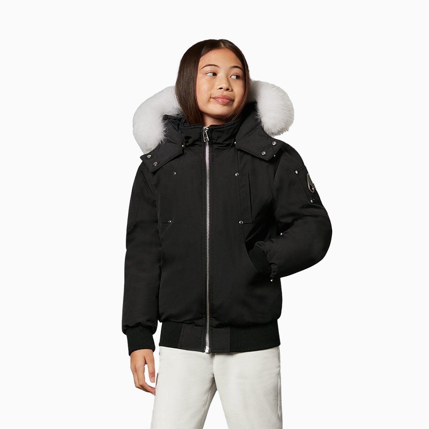 Moose Knuckles Kid's Bomber Jacket With Fur Hood - Color: Black white - Kids Premium Clothing -