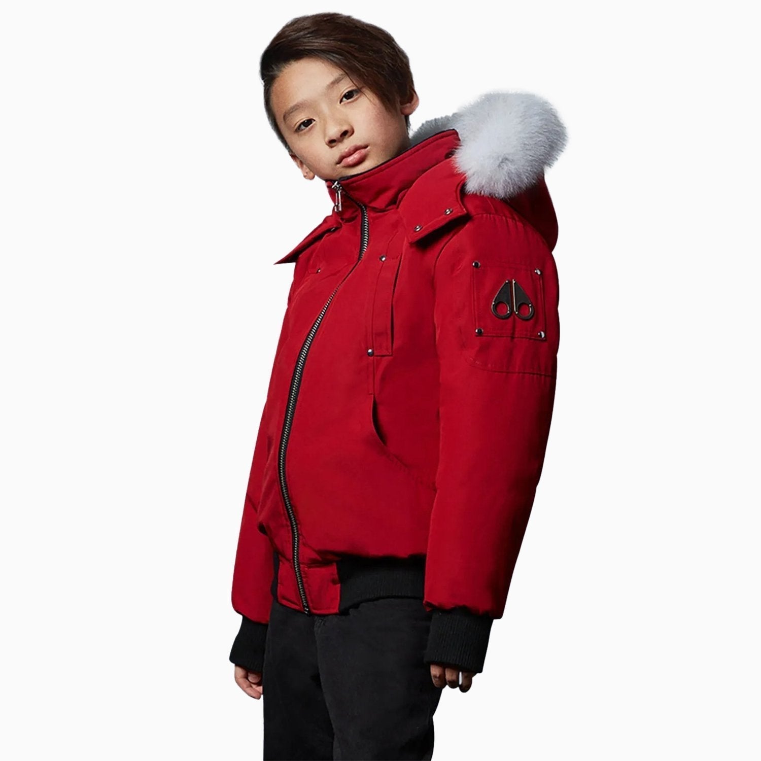 Moose Knuckles Kid's Bomber Jacket With Fur Hood - Color: Deep Red - Kids Premium Clothing -