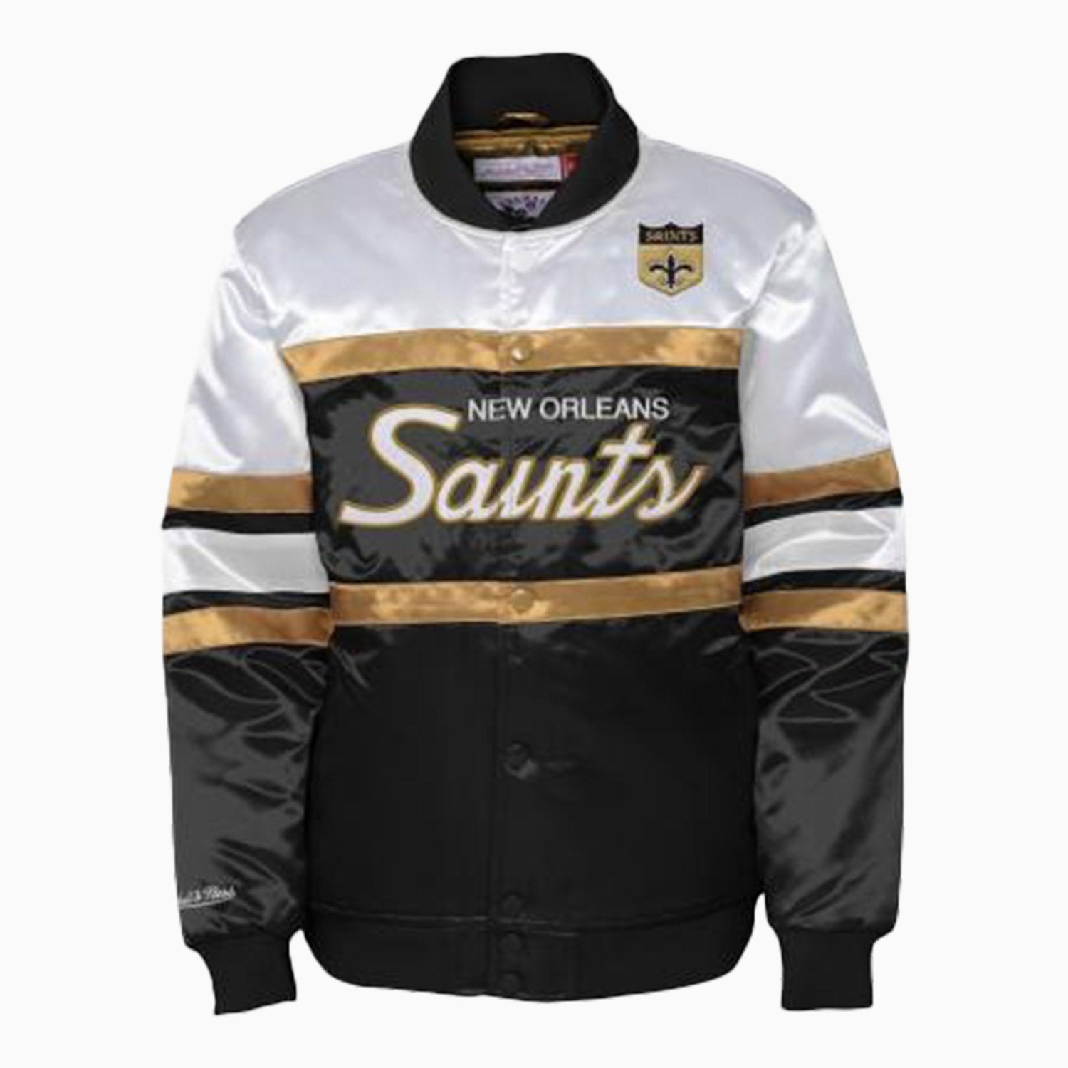 Mitchell & Ness New Orleans Saints NFL Satin Jacket Youth - Color: Black White Gold - Kids Premium Clothing -