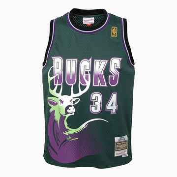 Mitchell And Ness Swingman Ray Allen Milwaukee Bucks NBA 1996-97 Jersey Youth - Color: Green Purple - Kids Premium Clothing -