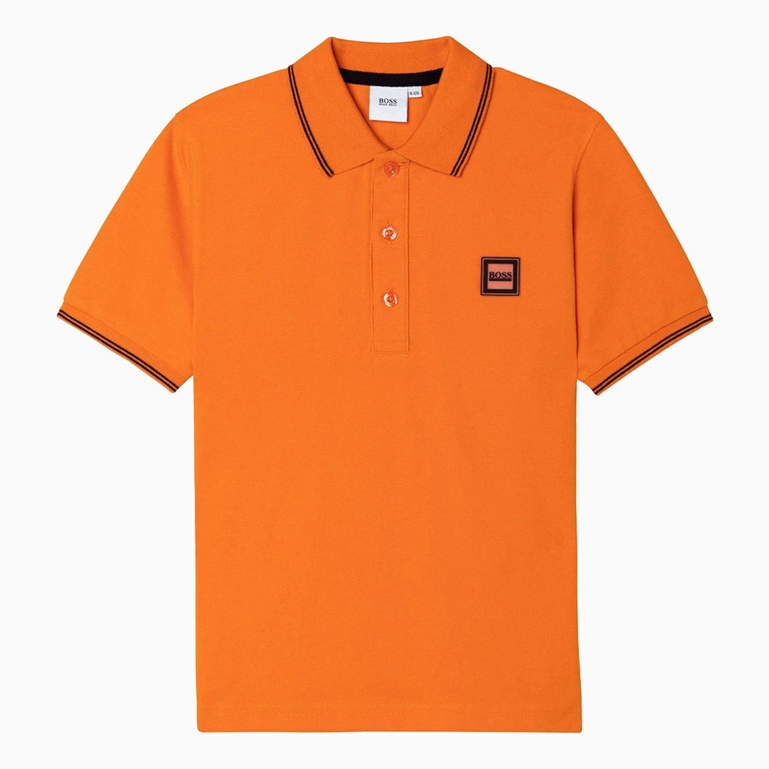 Hugo Boss Kid's Pique Polo Flat Knitted Stripe Short Sleeve T Shirt - Color: Orange - Kids Premium Clothing -