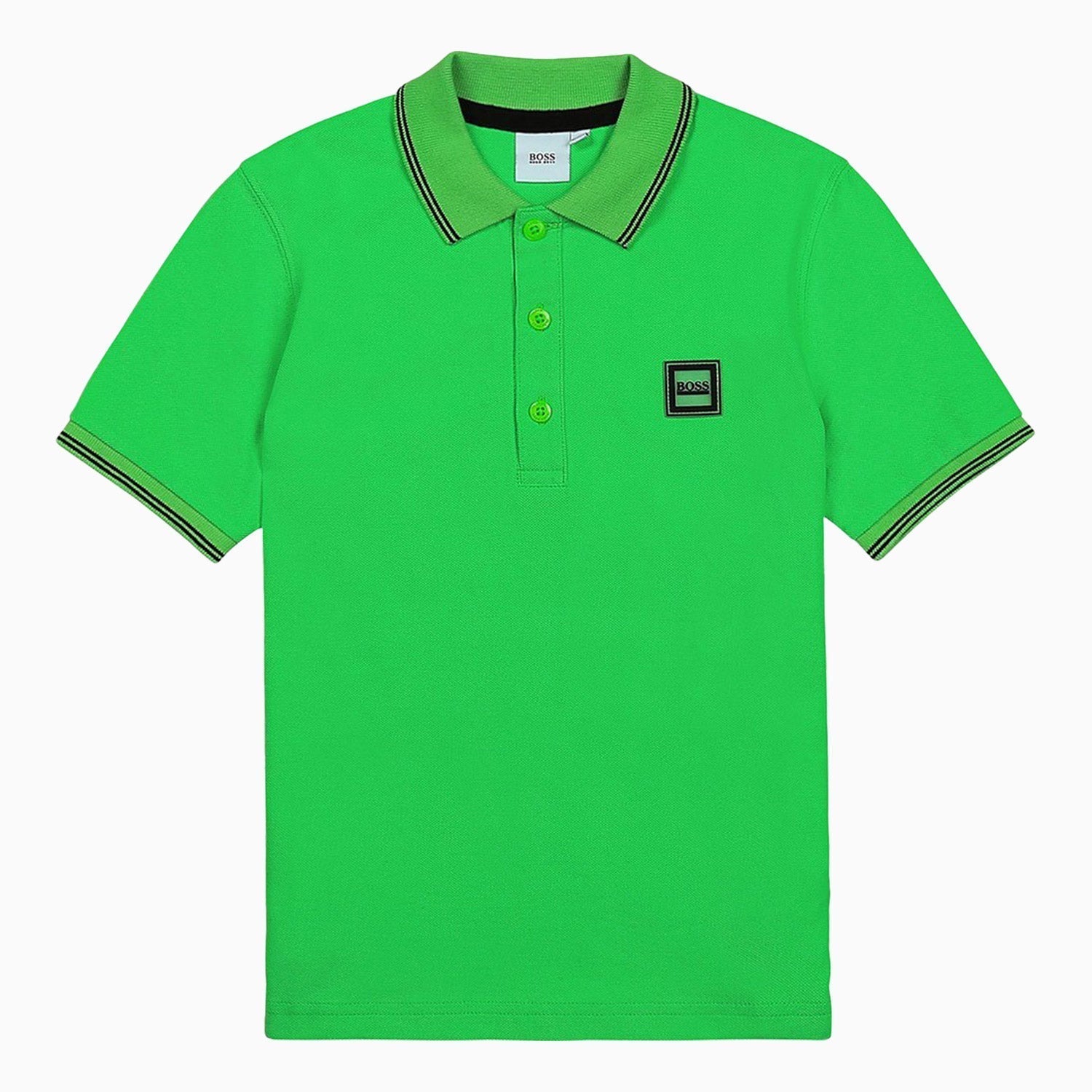 Hugo Boss Kid's Pique Polo Flat Knitted Stripe Short Sleeve T Shirt - Color: Sea Green - Kids Premium Clothing -