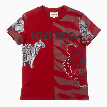 Kenzo Kid's Animal Print Crew Neck Short Sleeve T-Shirt - Color: Dark Red - Kids Premium Clothing -