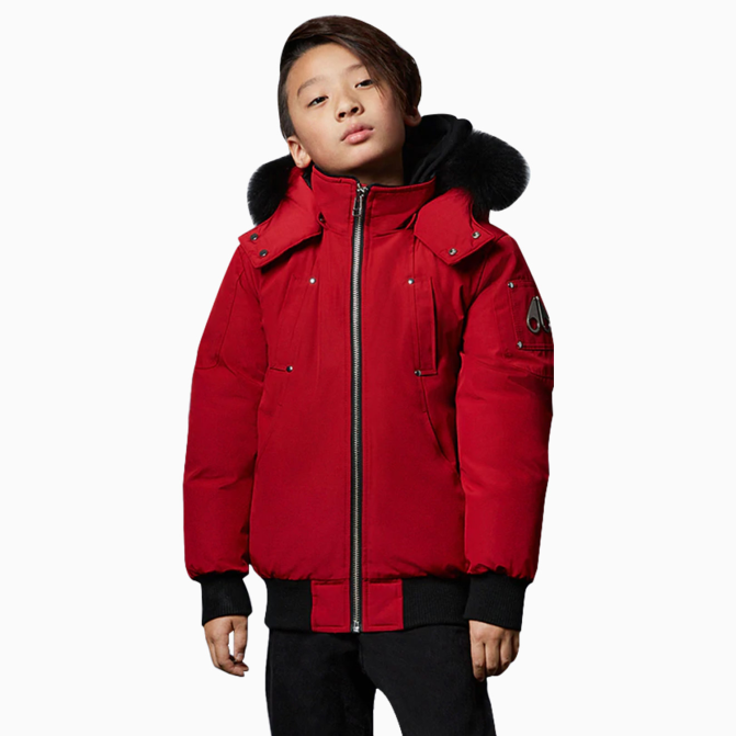 Moose Knuckles Kid's Bomber Jacket With Fur Hood - Color: Red - Kids Premium Clothing -