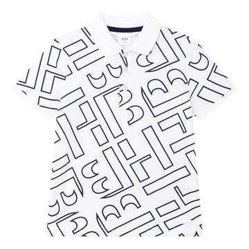 Hugo Boss Kid's HB Print All Over Polo Shirt - Color: White - Kids Premium Clothing -